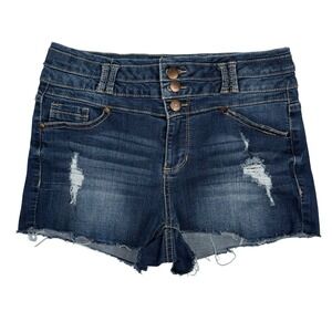 Blue Spice Y2K Denim Shorts 7/8 Mid Rise Distressed Cutoff Raw Hem 1.5" Festival